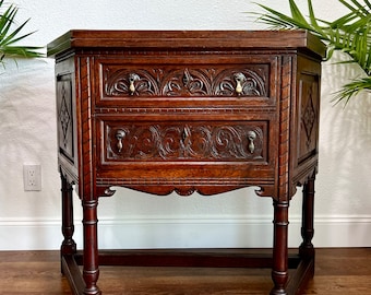 Antique Gothic Revival Demilune Table, Tilt Top Oak Sideboard