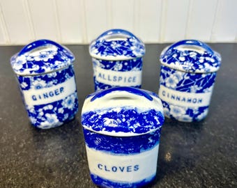 Antique Blue & White Spice Jar SET: Victorian Liberty Eagle Floral Porcelain