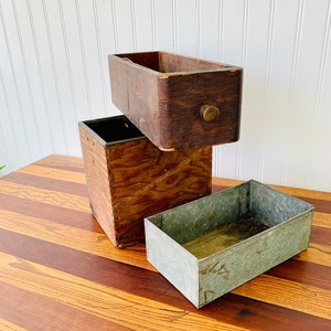3 Antique Industrial Storage Boxes Wood and Metal Office Supply Organizers for Tools and Crafts Hardware Store Sorters