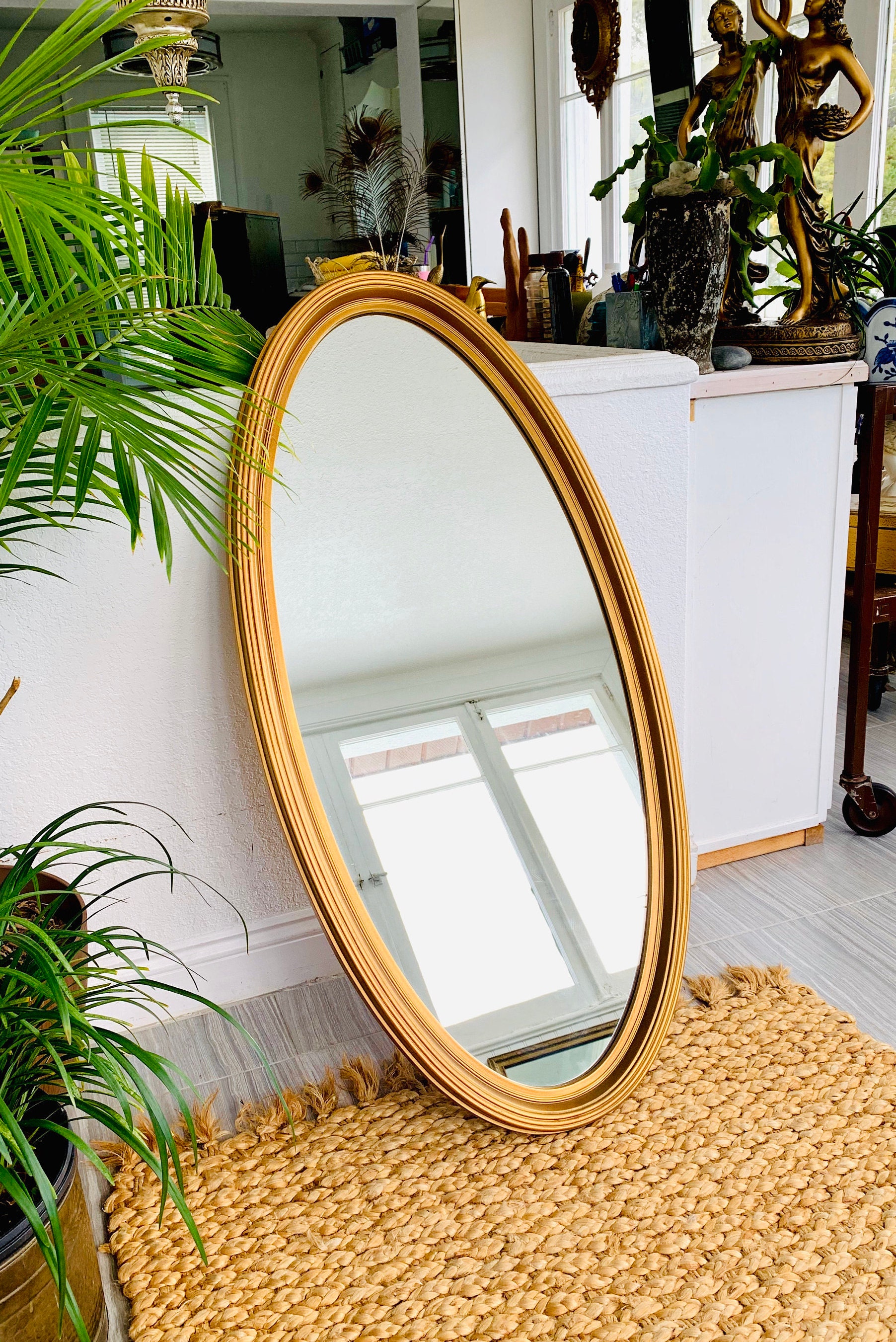 Espejo de oro largo alto flaco 43.75 oval contemporáneo | Etsy