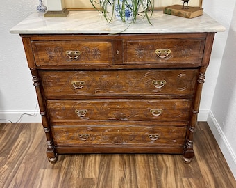 Antique American Empire Walnut Chest of 5 Drawers with Marble Top circa 1880, SHIPPING INCLUDED