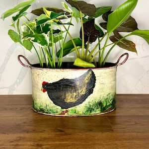 May include: Oval metal planter with a hand-painted black chicken design on a cream background. The planter has two handles and is filled with various green plants. A rustic, farmhouse-style decorative item.