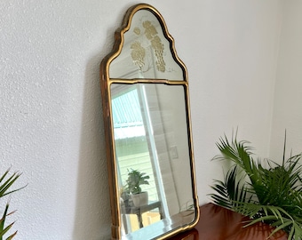 Antique Arched Mirror Tall Queen Anne Gold Giltwood Frame 39” Moorish Neoclassical Frame Tabletop or Wall Mirror