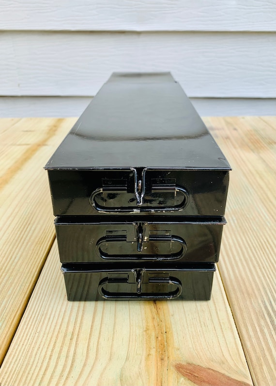 Metal Safety Deposit Box Set of THREE 21.5long Industrial Storage  Containers Narrow Stackable Vintage Steel Office Crafts Supply Organizers 