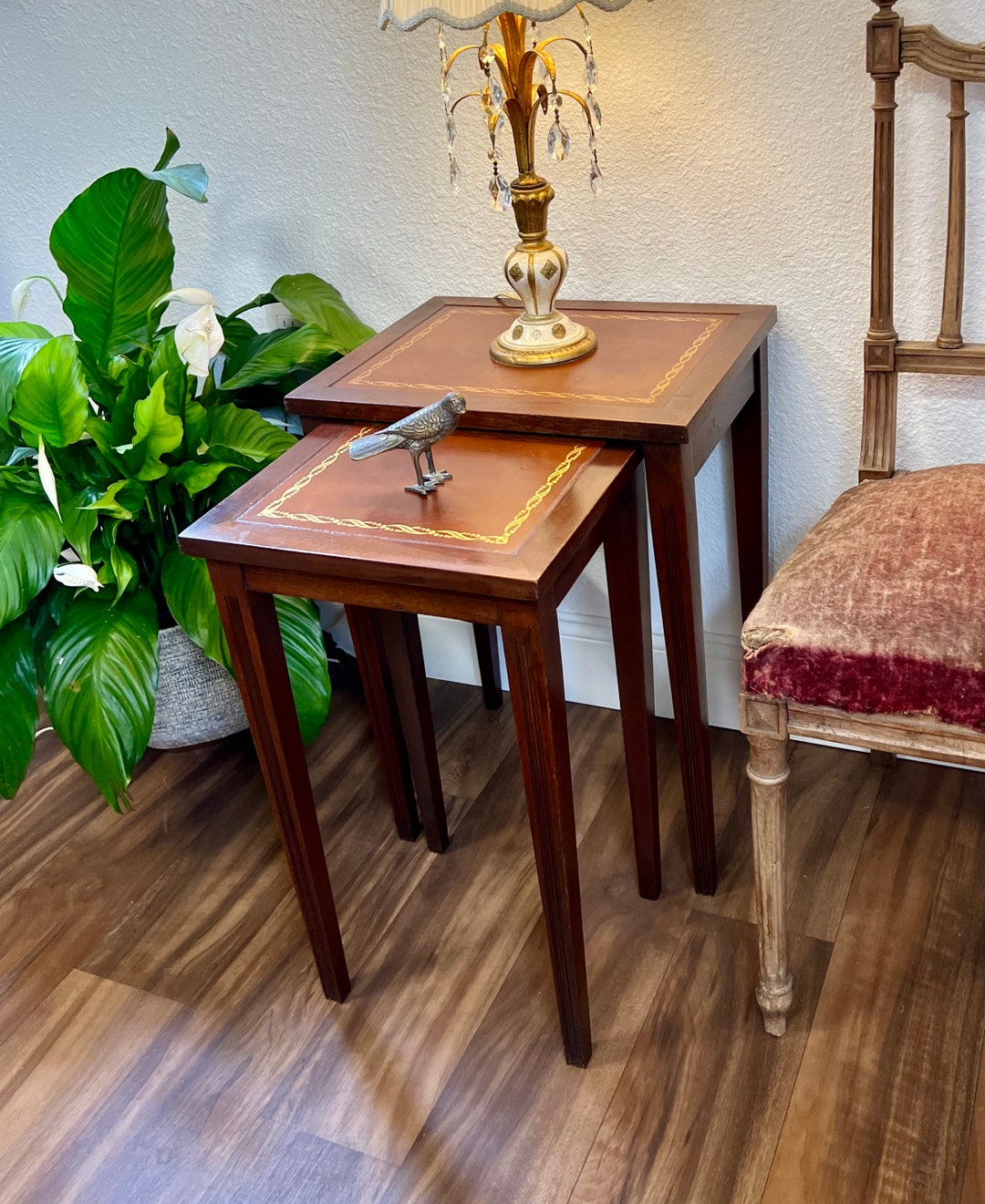 Leather Top Mahogany Nesting Tables Set of 2 Federal Style Nested Table ...