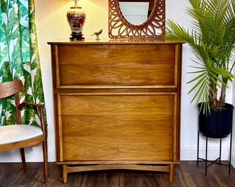 Mid Century Walnut Highboy Vintage Dresser with 5 Drawers SHIPPING is NOT Free!
