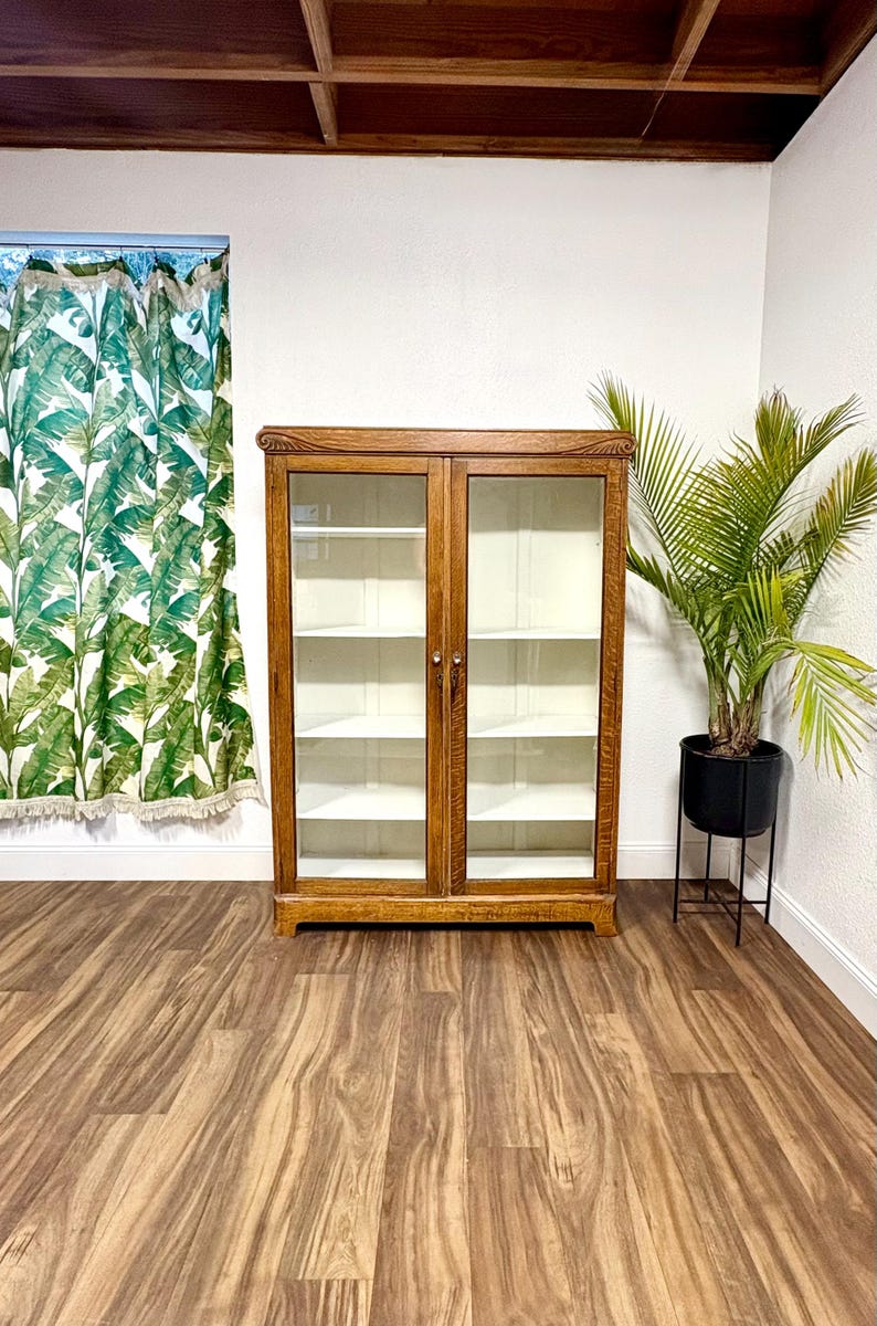 K&ouml;nnte beinhalten: Ein hellbrauner Holzschrank mit Glast&uuml;ren und Regalen. Der Schrank hat eine dekorative Oberseite. Rechts befindet sich eine Topfpflanze in einem schwarzen Topf. Der Boden hat ein Holzmaserungsmuster. Ideal f&uuml;r Ausstellungsst&uuml;cke.