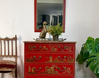 George III Style Scarlet Gilt Japanned Bachelor Chest of 5 Drawers with Mirror