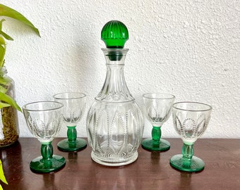 Vintage Emerald Green Decanter Set: Mid Century Barware, 5 Piece