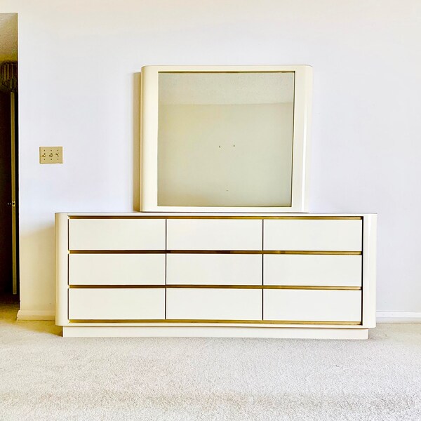 80s Glossy Laminate Dresser with Mirror Cream and Brass Waterfall 9 Drawer Art Deco Rounded Edge Chest of Drawers