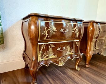 Pair of Vintage Louis XV Style Bombe’ Chest / Nightstands with Gold Japanned Decorations