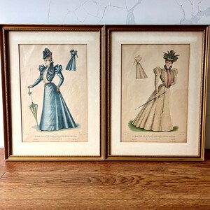 Pair of Framed Victorian Dress Illustrations from 1897 Le Bon Ton et Le Moniteur De la Mode United Fashion Plates