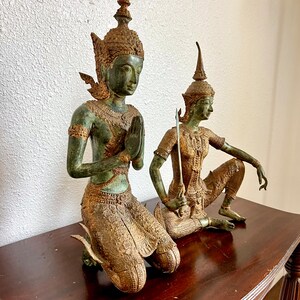 Antique Siamese Statues 1930s Pair Large Bronze 16” and 14” Thai Prince Protector / Hero Figures EACH WEIGHS OVER 10 lbs