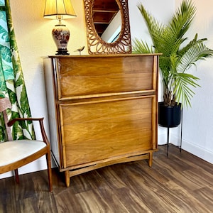 Mid Century Walnut Highboy Vintage Dresser with 5 Drawers SHIPPING is NOT Free!