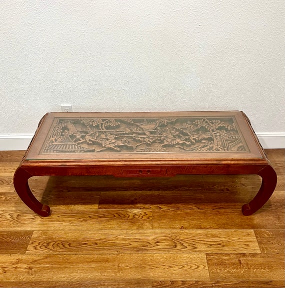 Vintage Chinese Coffee Table W Glass Top Carved Solid Wood Etsy