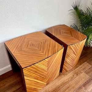 Pair of Zebrawood Cube Tables by William Switzer, Vintage Mid Century Modern Tables or Nightstands