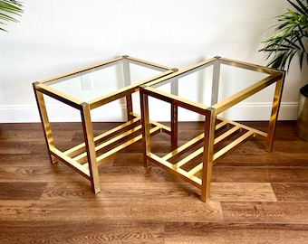 Mid Century Brass & Glass Side Tables - 1980s Contemporary Style - Pair