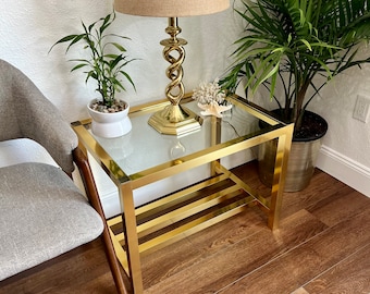 Mid Century Brass & Glass End Table: Hollywood Regency Nightstand