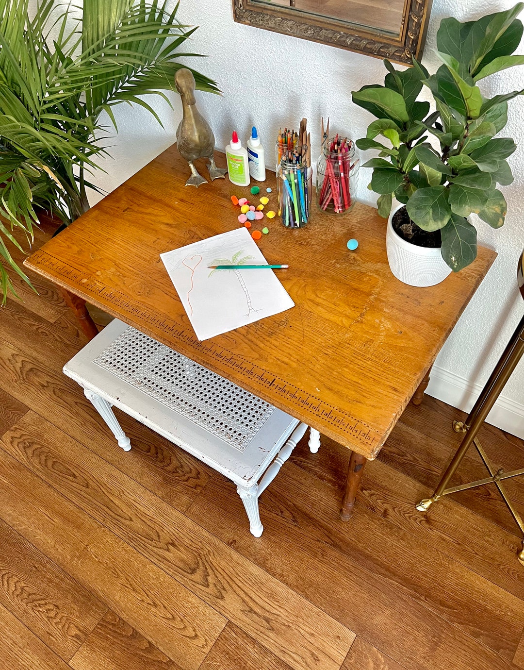 Antique Sewing Table With Ruler Folding Oak Victorian Work Table