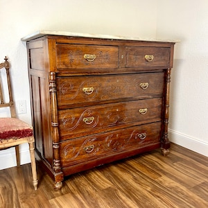 19th Century Walnut Dresser with Marble Top American Empire Chest of 5 Drawers with Floral Carvings