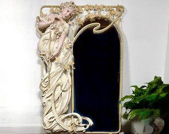 Art Nouveau Mirror with Life-Size Woman Statue by Cote of France inspired by Alphonse Mucha