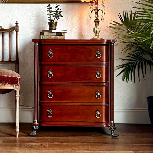 Empire Style Bachelors Chest of Drawers Mahogany Bombay Company Curved Edge Nightstand or Small Dresser on Raised Ormolu Feet