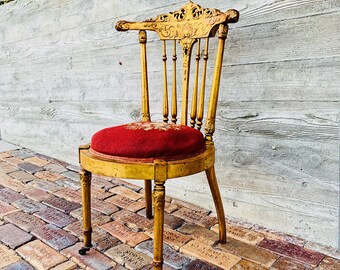 Antique French Opera Chair Gold Gilded 19th Century Victorian Italianate Style Ladies Desk Chair with Needlepoint Seat