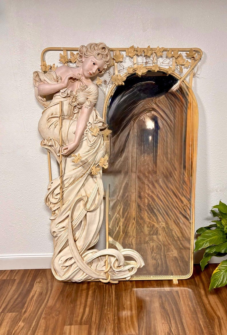 Art Nouveau Mirror with Life-Size Woman Statue by Cote of France inspired by Alphonse Mucha image 12