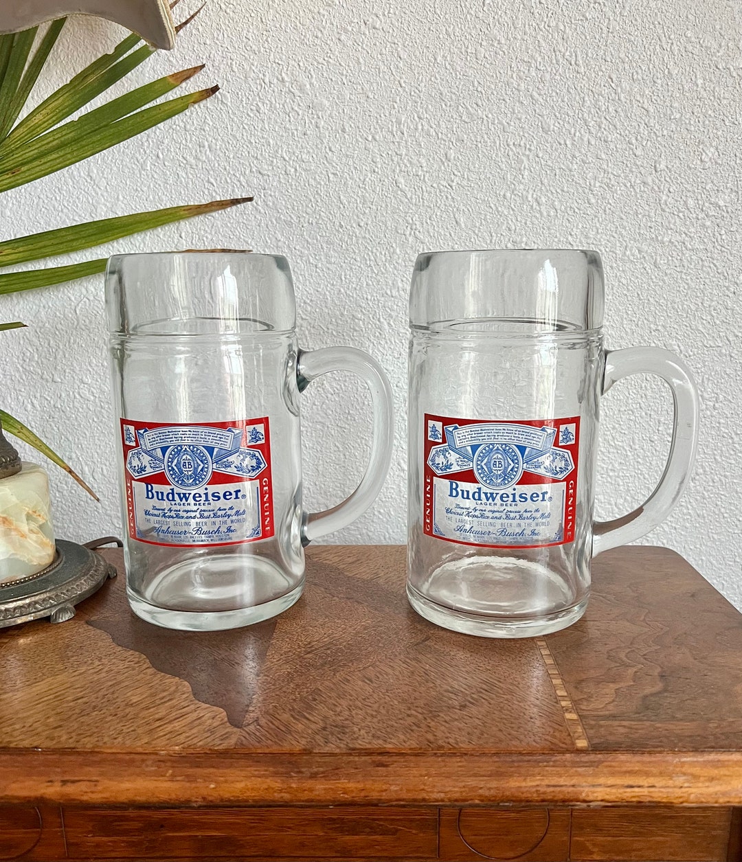 PAIR of Budweiser Beer Mugs Extra Large 48oz Vintage Heavy Glass Stein