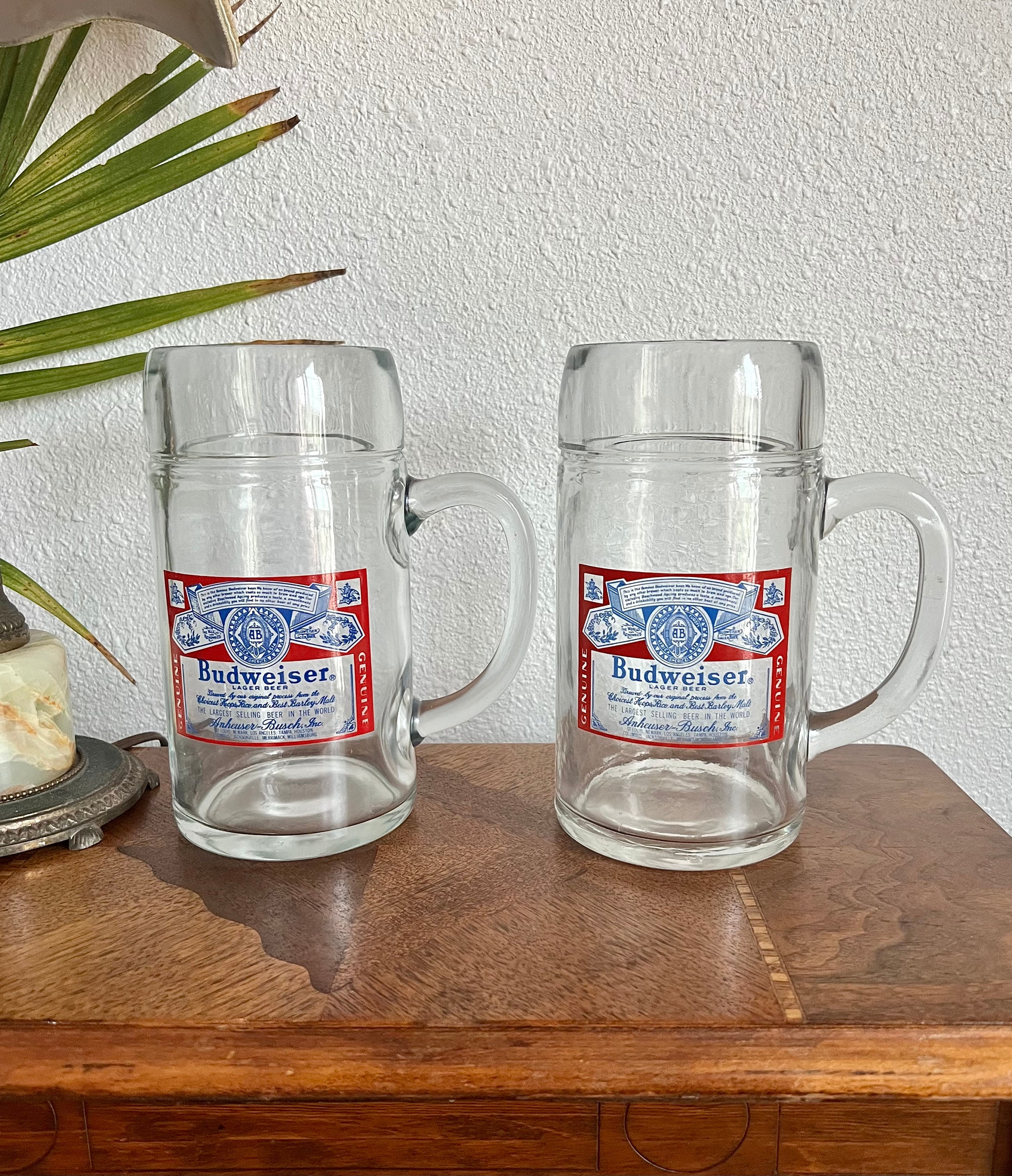 PAIR of Budweiser Beer Mugs Extra Large 48oz Vintage Heavy Glass PAIR of Budweiser Beer Mugs Extra Large 48oz Vintage Heavy Glass
