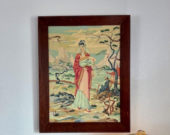 Mid Century Painting “Oriental Princess” 1960s Large 28” Kitschy Original Acrylic Paint by Number Art