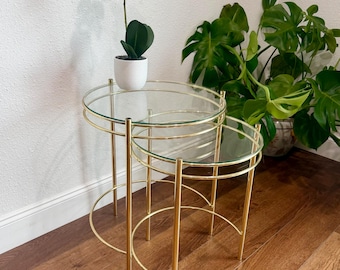 Mid Century Hollywood Regency Brass & Glass Nesting Tables in Minimalist Round Frames