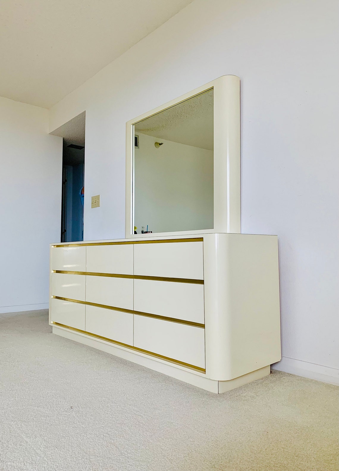 80s Glossy Laminate Dresser with Mirror Cream and Brass Etsy