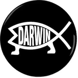 May include: A black and white button with a stylized fish symbol. The word "DARWIN" is written inside the fish.