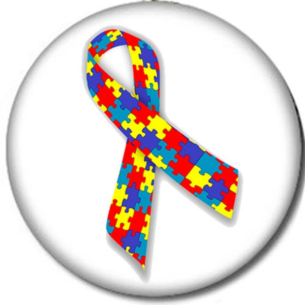 Autism Puzzle Ribbon Pin-Back Button 6 Sizes Asperger's Syndrome Awareness