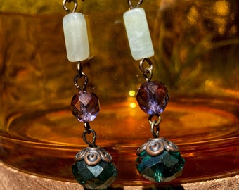 Green and purple dangle earrings with aventurine and upcycled antique glass beads