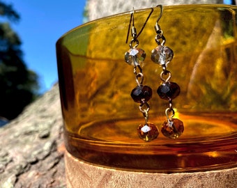 Beautiful yellow and dark purple crystal glass dangle earrings