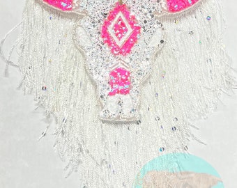 Aztec Bull Skull Car Freshie: Neon Pink Fringe, Handmade Aroma Beads