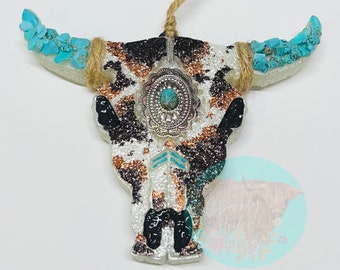 Large Cowhide & Turquoise Aztec Bull Skull Car Freshie,Custom Made Freshie,Handmade,Aroma Beads,Car Freshener,Accessories,Air Freshener,Gift