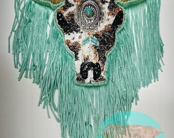 Small Cowhide & Mint Fringe Aztec Bull Skull Car Freshie,Custom Made Freshie,Handmade,Aroma Beads,Car Freshener,Accessories,Air Freshener