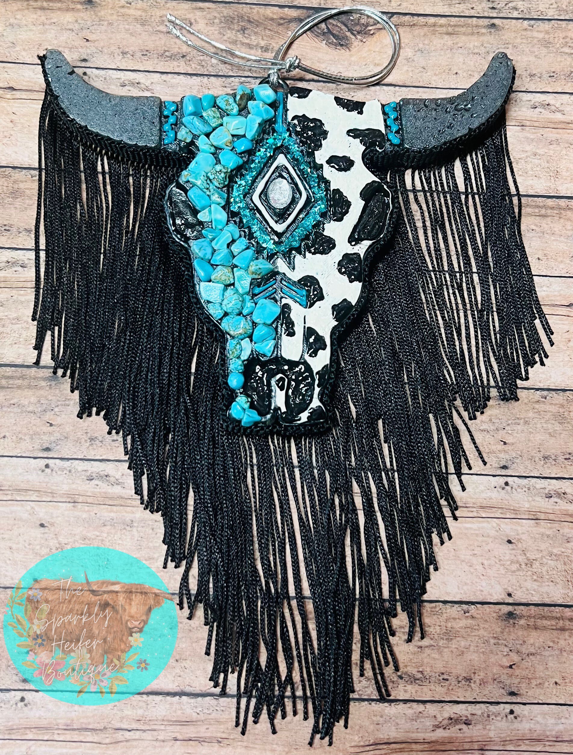 Large Aztec Bull Skull Fringe Car Freshie,Custom Made Freshie,Handmade,Aroma Beads,Car Freshener,Accessories,Air Freshener,Cow Freshie,Gift