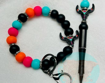 Aztec Bull Silicone Beaded Wristlet & Pen Set: Boho Car Keychain