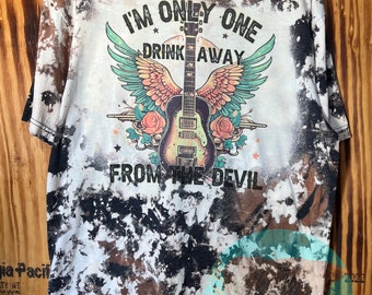 Hand Bleached Cowhide Tee: "One Drink Away From The Devil"