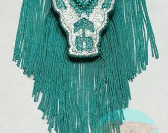Aztec Bull Skull Car Freshie: Western Turquoise Fringe, Scented Aroma Beads