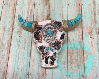 Small Cowhide & Turquoise Aztec Bull Skull Car Freshie,Custom Made Freshie,Handmade,Aroma Beads,Car Freshener,Accessories,Air Freshener,Gift