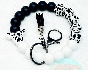 Cow Print Silicone Beaded Wristlet Keychain: Handmade Car Accessory