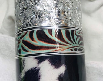 Cowhide Glitter 20oz Tumbler: Western Tooled Leather Stainless Steel Cup