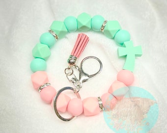 Silicone Beaded Cross Wristlet Keychain: Handmade Car Accessory