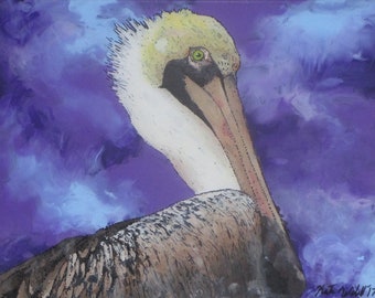 Pelican on Purple Print 8X10 inch, bird art, animal art, print of painting
