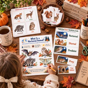 Puede incluir: Tarjetas educativas de animales del bosque y naturaleza nocturna con ilustraciones de zorro, ciervo, mapache, búho, ardilla, conejo, murciélago y polilla, incluyendo textos como What Is a Nocturnal Animal y Nighttime Nature en las hojas de trabajo.